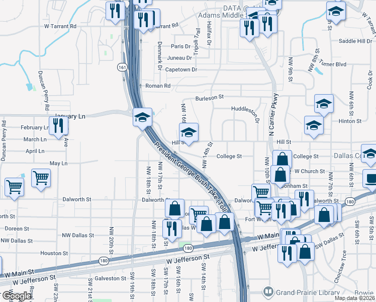 map of restaurants, bars, coffee shops, grocery stores, and more near 1502 College Street in Grand Prairie