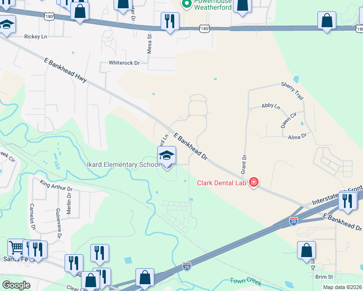 map of restaurants, bars, coffee shops, grocery stores, and more near 1818 East Bankhead Drive in Weatherford
