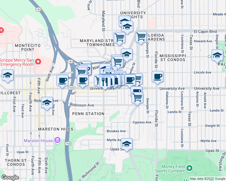 map of restaurants, bars, coffee shops, grocery stores, and more near 1451 University Avenue in San Diego