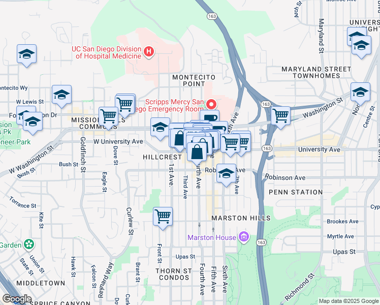 map of restaurants, bars, coffee shops, grocery stores, and more near 301 University Avenue in San Diego