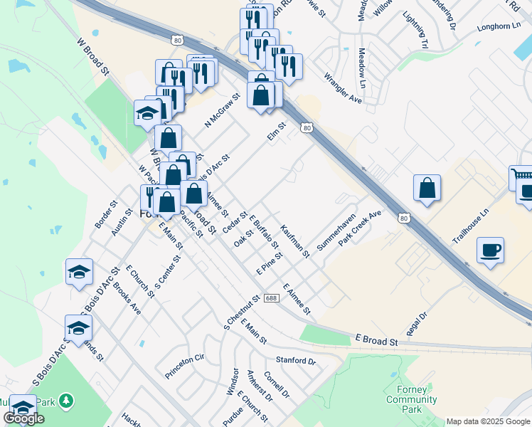 map of restaurants, bars, coffee shops, grocery stores, and more near 408 Kaufman Street in Forney