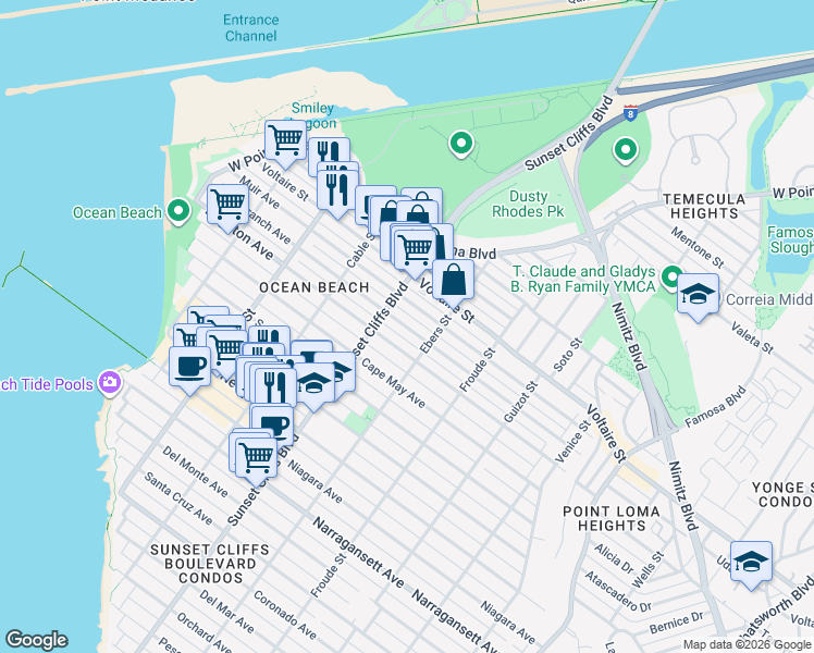 map of restaurants, bars, coffee shops, grocery stores, and more near 4732 Long Branch Avenue in San Diego