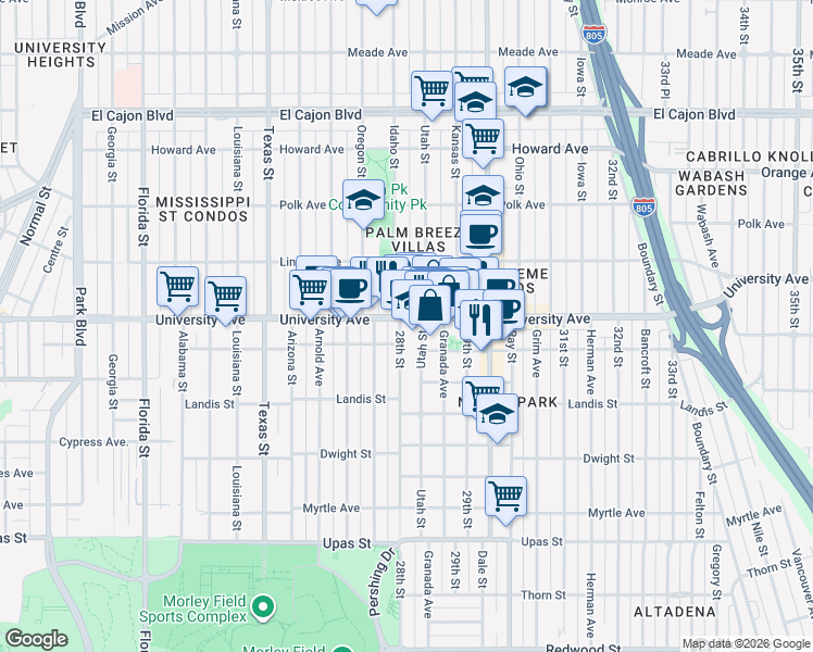 map of restaurants, bars, coffee shops, grocery stores, and more near 2805 University Avenue in San Diego
