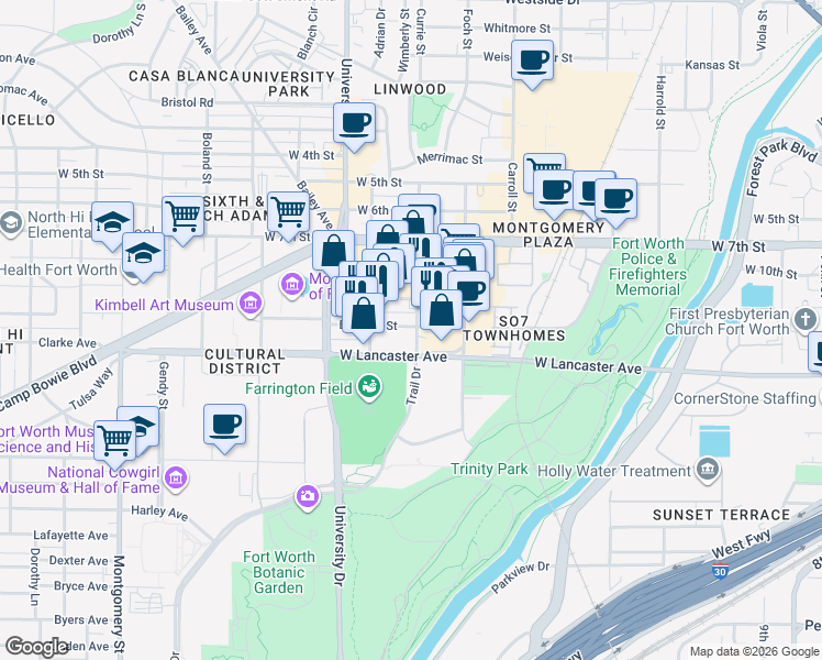 map of restaurants, bars, coffee shops, grocery stores, and more near 2913 Bledsoe Street in Fort Worth