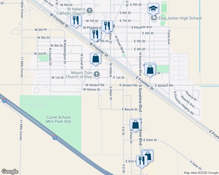 map of restaurants, bars, coffee shops, grocery stores, and more near 112 South Main Street in Eloy