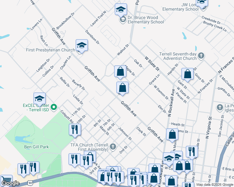 map of restaurants, bars, coffee shops, grocery stores, and more near 702 Griffith Avenue in Terrell