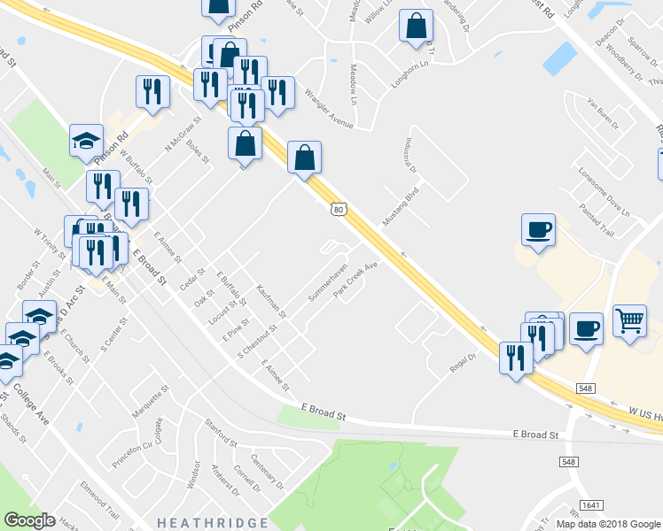 map of restaurants, bars, coffee shops, grocery stores, and more near 635 Summerhaven in Forney