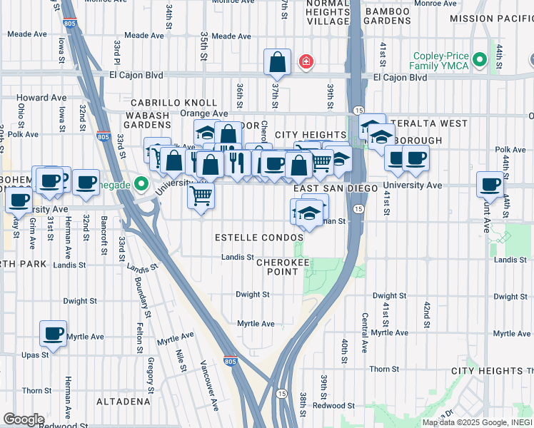 map of restaurants, bars, coffee shops, grocery stores, and more near 3662 Wightman Street in San Diego
