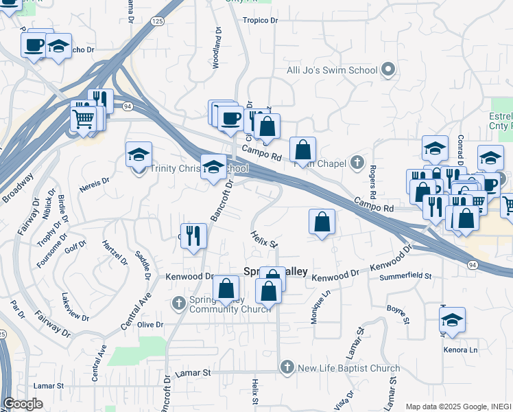 map of restaurants, bars, coffee shops, grocery stores, and more near 3760 Helix Street in Spring Valley