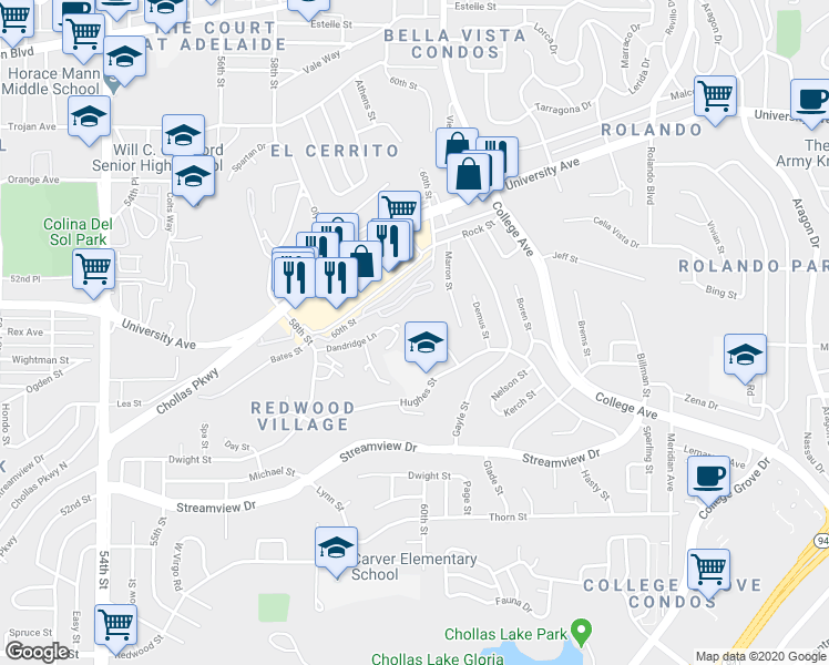 map of restaurants, bars, coffee shops, grocery stores, and more near 5990 Dandridge Lane in San Diego