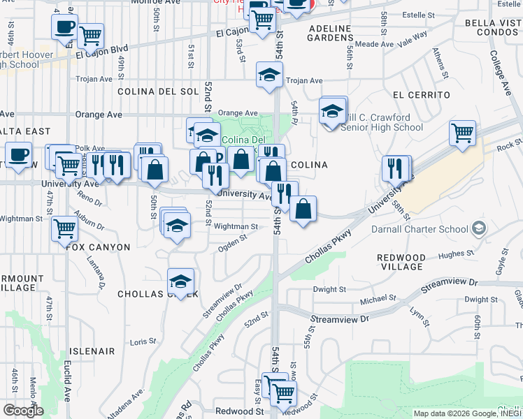 map of restaurants, bars, coffee shops, grocery stores, and more near 5317 Rex Avenue in San Diego