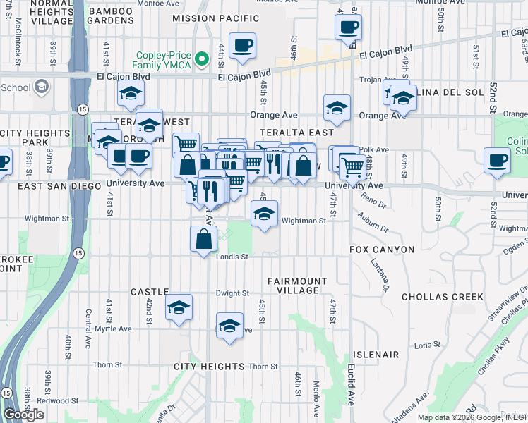 map of restaurants, bars, coffee shops, grocery stores, and more near 3811 45th Street in San Diego