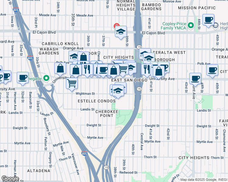 map of restaurants, bars, coffee shops, grocery stores, and more near 3742 Wightman Street in San Diego