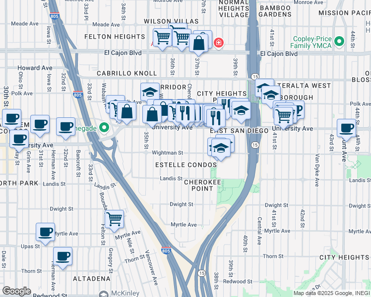 map of restaurants, bars, coffee shops, grocery stores, and more near 3662 Wightman Street in San Diego