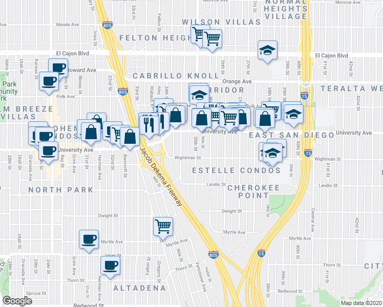 map of restaurants, bars, coffee shops, grocery stores, and more near 3806 35th Street in San Diego