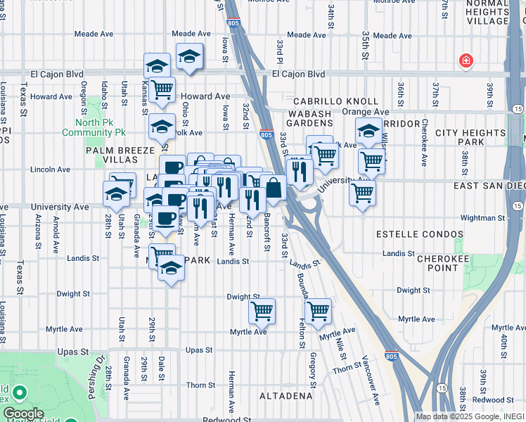 map of restaurants, bars, coffee shops, grocery stores, and more near in San Diego