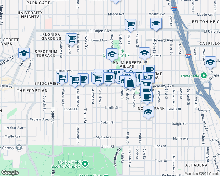 map of restaurants, bars, coffee shops, grocery stores, and more near 3820 Pershing Avenue in San Diego