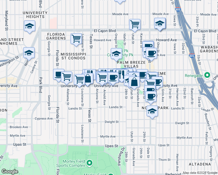 map of restaurants, bars, coffee shops, grocery stores, and more near 3825 Arnold Avenue in San Diego
