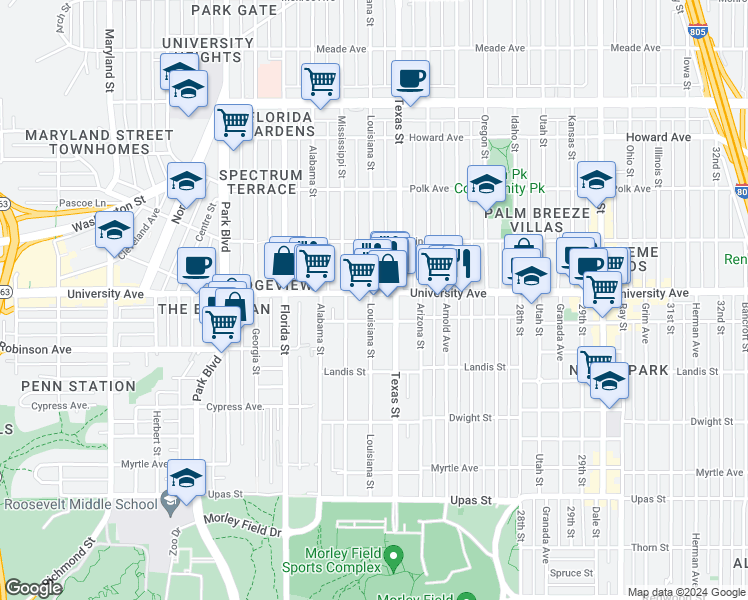 map of restaurants, bars, coffee shops, grocery stores, and more near in San Diego