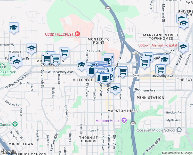 map of restaurants, bars, coffee shops, grocery stores, and more near 3882 Fourth Avenue in San Diego
