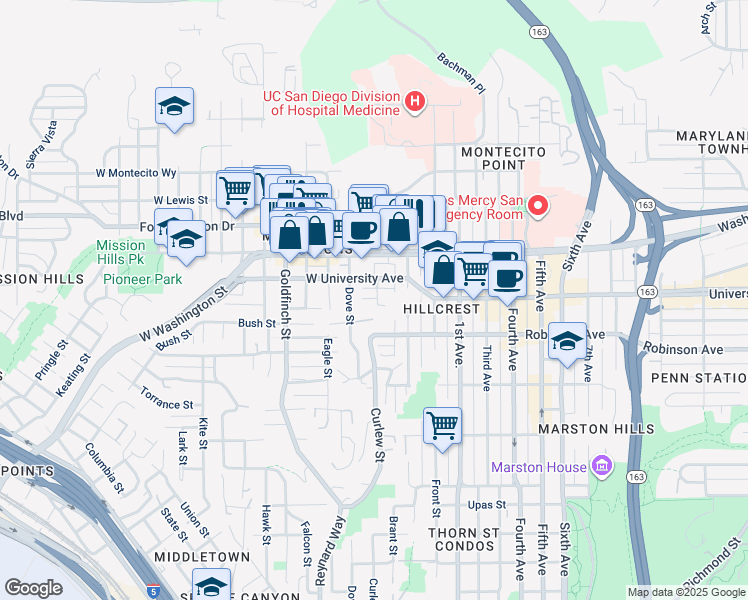 map of restaurants, bars, coffee shops, grocery stores, and more near 425 University Place in San Diego