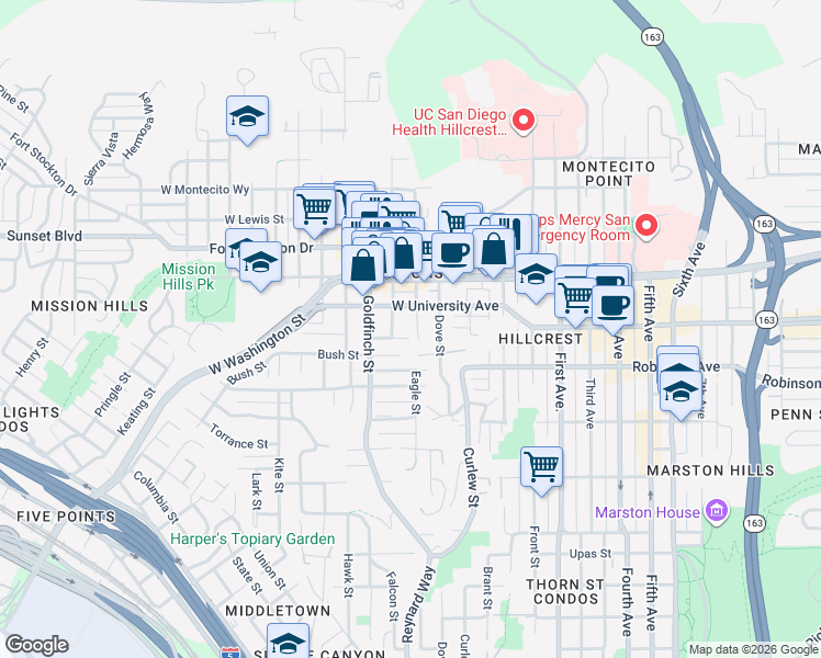 map of restaurants, bars, coffee shops, grocery stores, and more near 3840 Eagle Street in San Diego