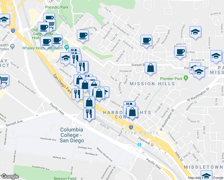 map of restaurants, bars, coffee shops, grocery stores, and more near 3940 Bandini Street in San Diego