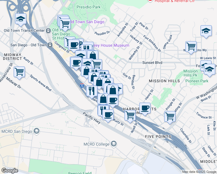 map of restaurants, bars, coffee shops, grocery stores, and more near 3906 West California Street in San Diego