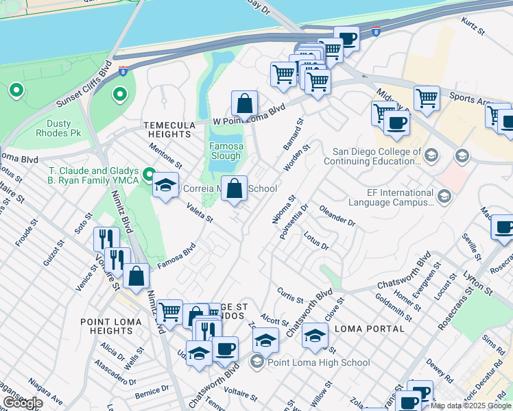 map of restaurants, bars, coffee shops, grocery stores, and more near 2654 Worden Street in San Diego