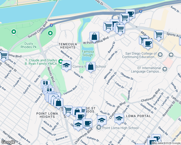 map of restaurants, bars, coffee shops, grocery stores, and more near 2640 Worden Street in San Diego