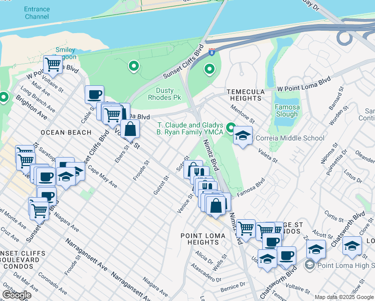 map of restaurants, bars, coffee shops, grocery stores, and more near 4470 Greene Street in San Diego