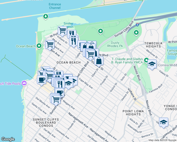 map of restaurants, bars, coffee shops, grocery stores, and more near 4732 Long Branch Avenue in San Diego