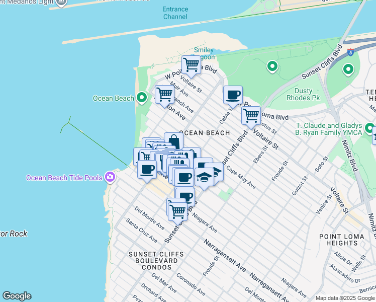 map of restaurants, bars, coffee shops, grocery stores, and more near 4961 Saratoga Avenue in San Diego