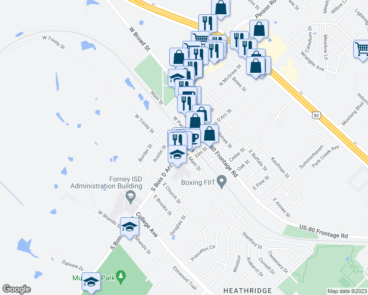 map of restaurants, bars, coffee shops, grocery stores, and more near in Forney