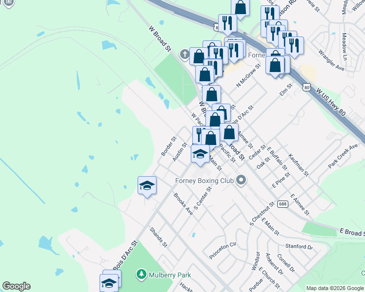 map of restaurants, bars, coffee shops, grocery stores, and more near 306 Austin Street in Forney