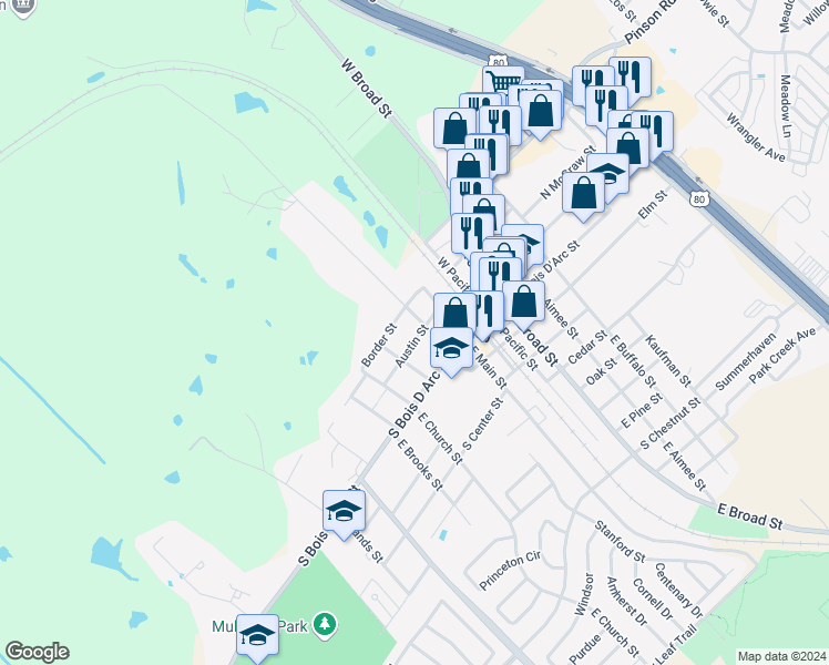 map of restaurants, bars, coffee shops, grocery stores, and more near 306 Austin Street in Forney