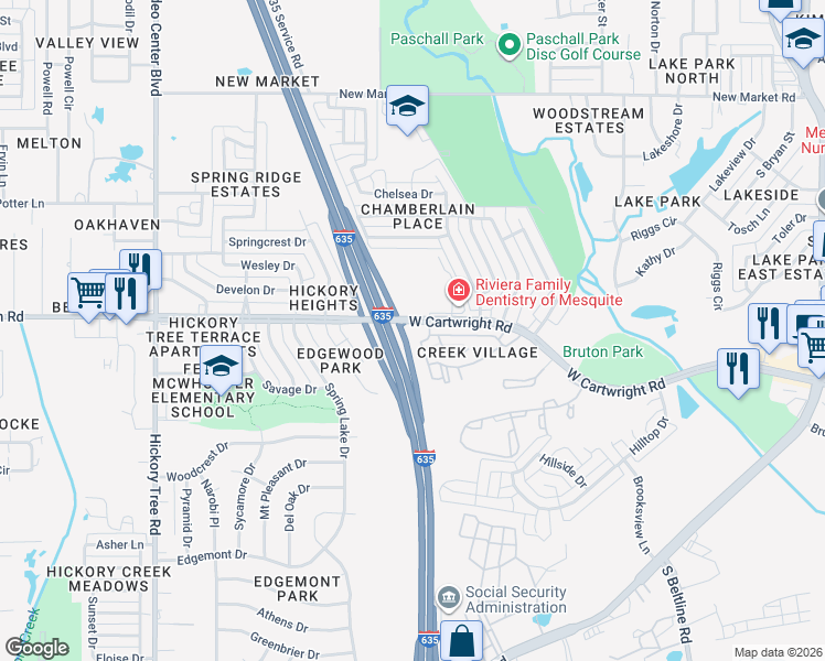 map of restaurants, bars, coffee shops, grocery stores, and more near 1028 West Cartwright Road in Mesquite