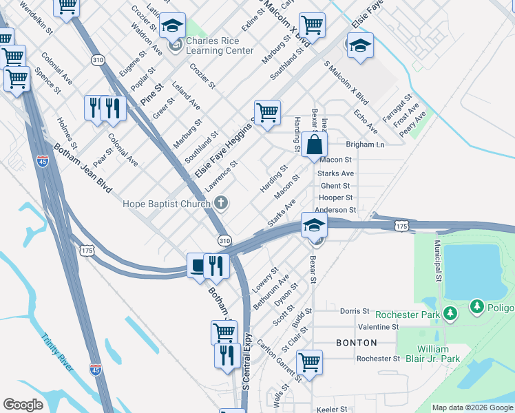 map of restaurants, bars, coffee shops, grocery stores, and more near 2246 Harding Street in Dallas