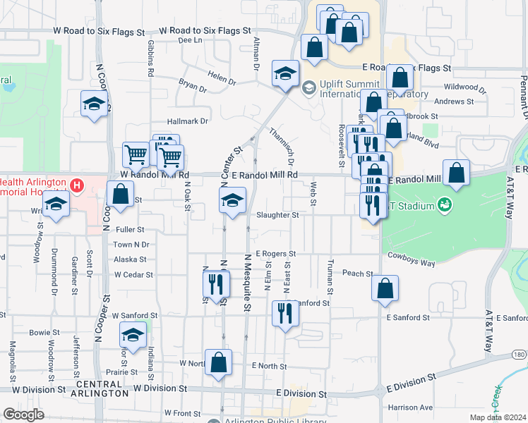 map of restaurants, bars, coffee shops, grocery stores, and more near 212 Slaughter Street in Arlington