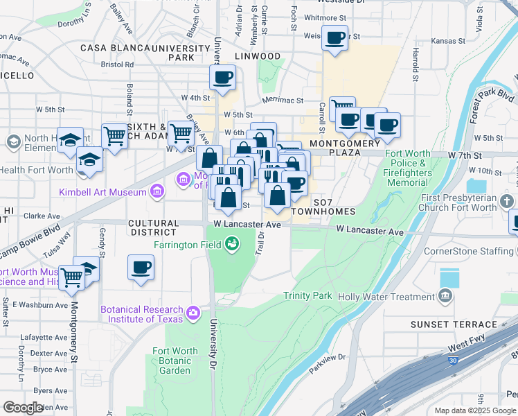 map of restaurants, bars, coffee shops, grocery stores, and more near in Fort Worth