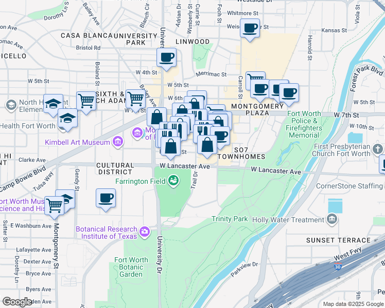 map of restaurants, bars, coffee shops, grocery stores, and more near in Fort Worth