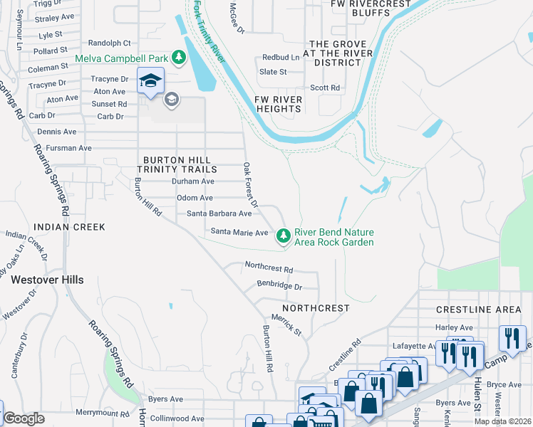 map of restaurants, bars, coffee shops, grocery stores, and more near 5405 Santa Barbara Avenue in Fort Worth