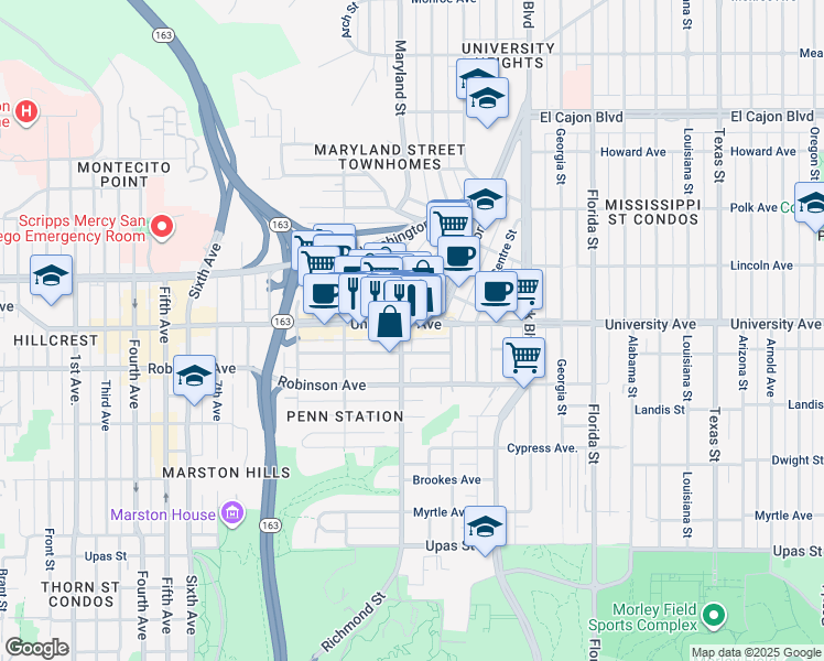 map of restaurants, bars, coffee shops, grocery stores, and more near 1295B University Avenue in San Diego