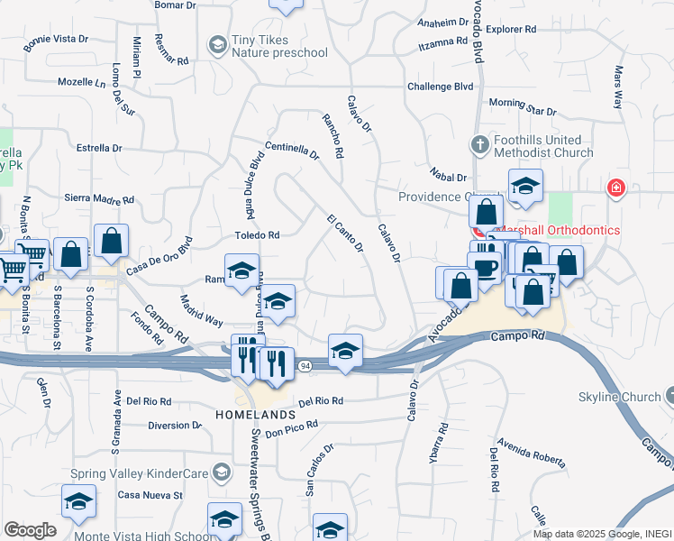 map of restaurants, bars, coffee shops, grocery stores, and more near 3804 Pinto Place in Spring Valley