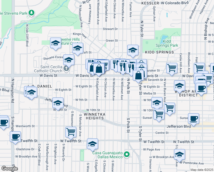 map of restaurants, bars, coffee shops, grocery stores, and more near 319 North Clinton Avenue in Dallas