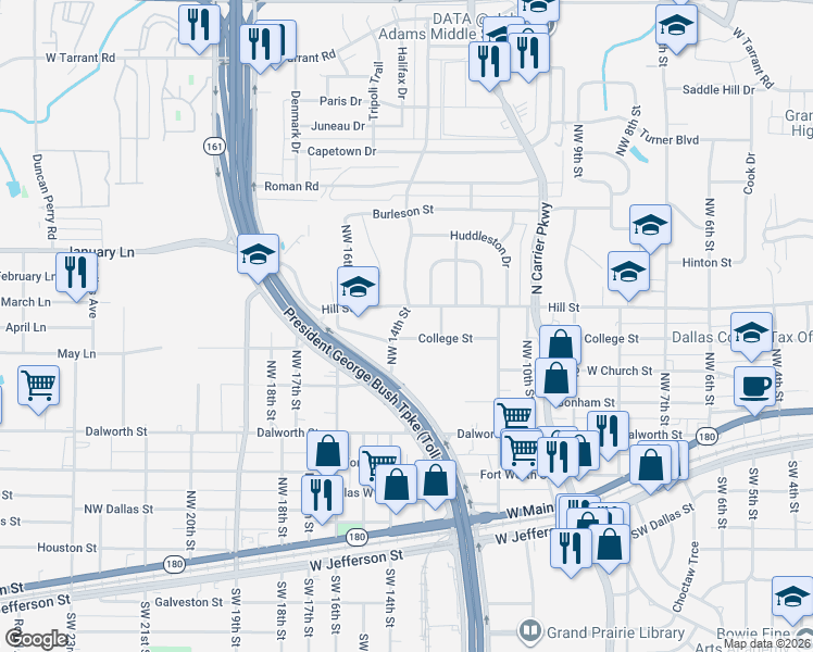 map of restaurants, bars, coffee shops, grocery stores, and more near 622 Northwest 14th Street in Grand Prairie