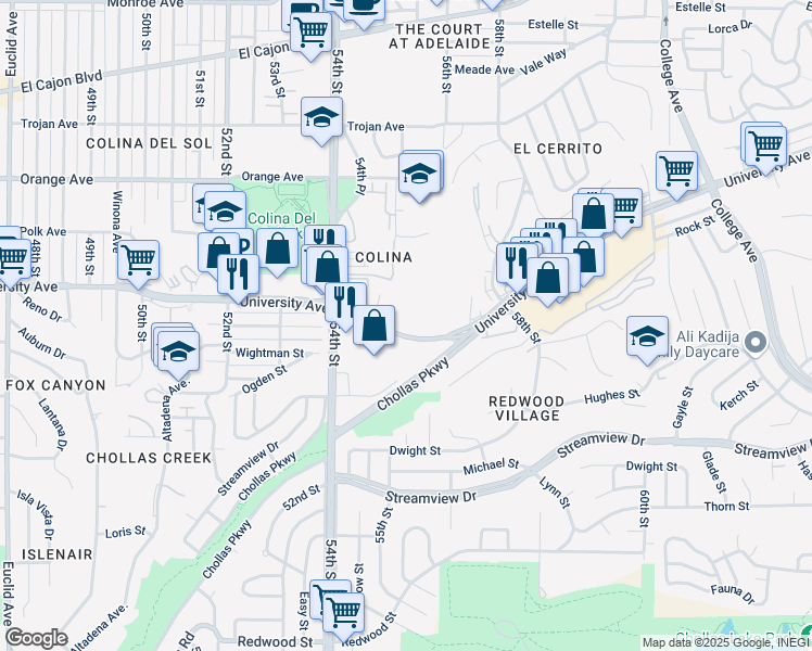map of restaurants, bars, coffee shops, grocery stores, and more near 5538 University Avenue in San Diego