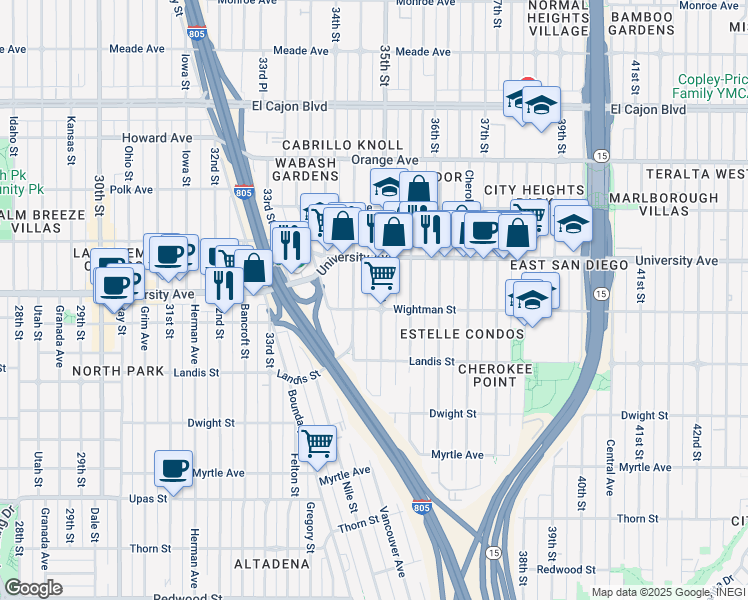 map of restaurants, bars, coffee shops, grocery stores, and more near 3806 35th Street in San Diego
