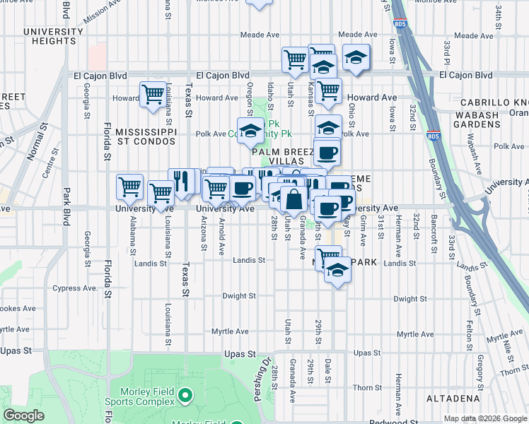 map of restaurants, bars, coffee shops, grocery stores, and more near 3820 Pershing Avenue in San Diego