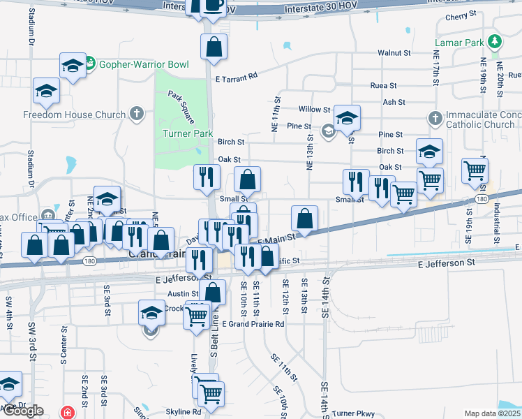 map of restaurants, bars, coffee shops, grocery stores, and more near 1018 Rice Street in Grand Prairie